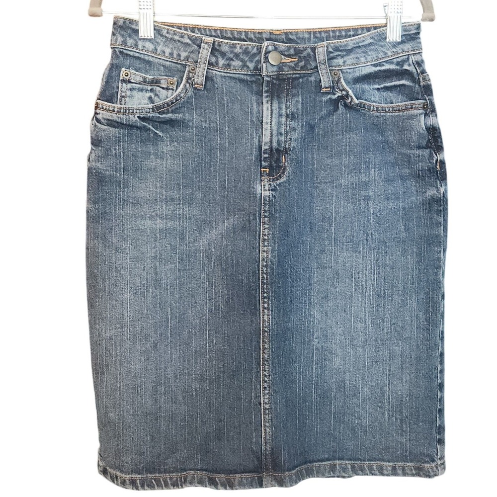 GARNET HILL Stretch Denim Pencil Skirt Size 6 Medium Wash Blue $98 - Picture 2 of 5